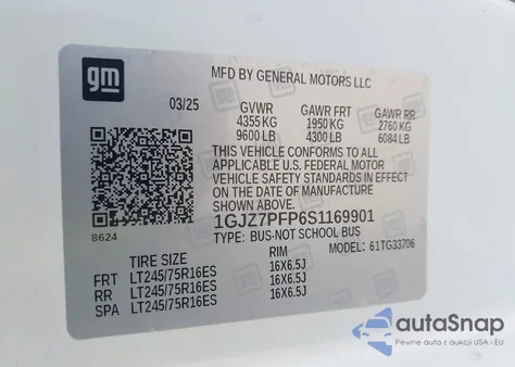 2025 GMC Savana Passenger Rwd 3500 Extended Wheelbase Lt z USA, uszkodzony, nr VIN 1GJZ7PFP6S1169901